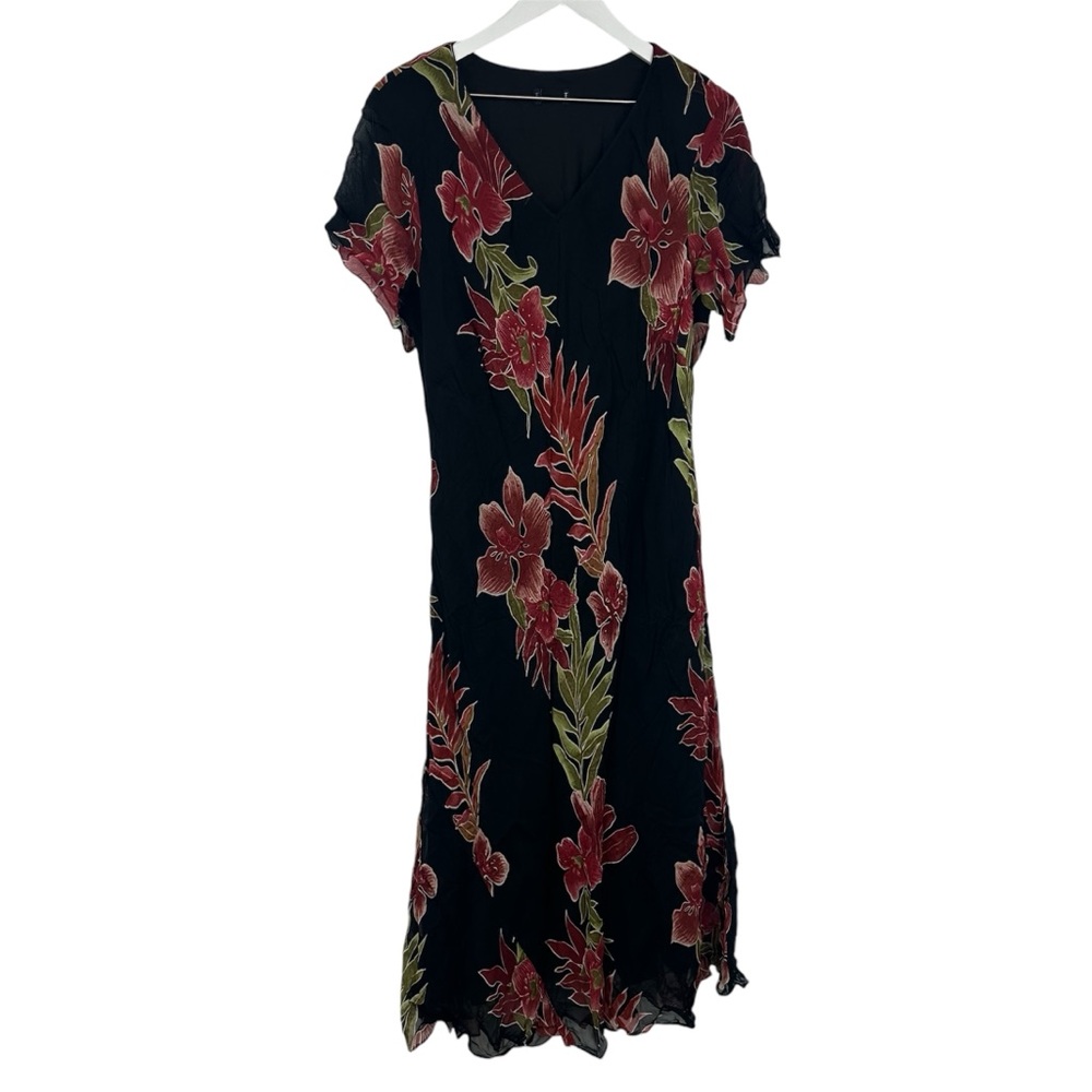 Vintage Y2K 90s Black Floral Rose Dress Size Medium Fairycore Whimsical Goth